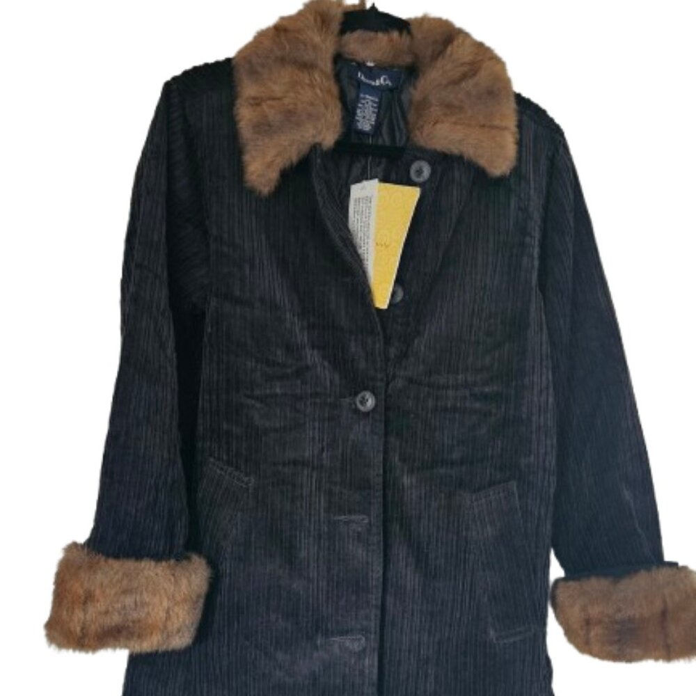 NWT Denim & Co Penny Lane Style Black Corduroy Coat Faux Fur Sz XS